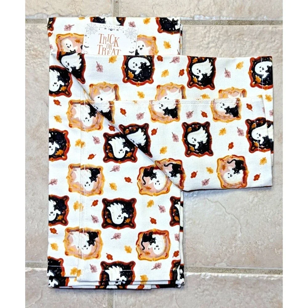 Trick or Treat Ghost and Black Cat Halloween Portraits Fall Leaves Cotton 2-pc